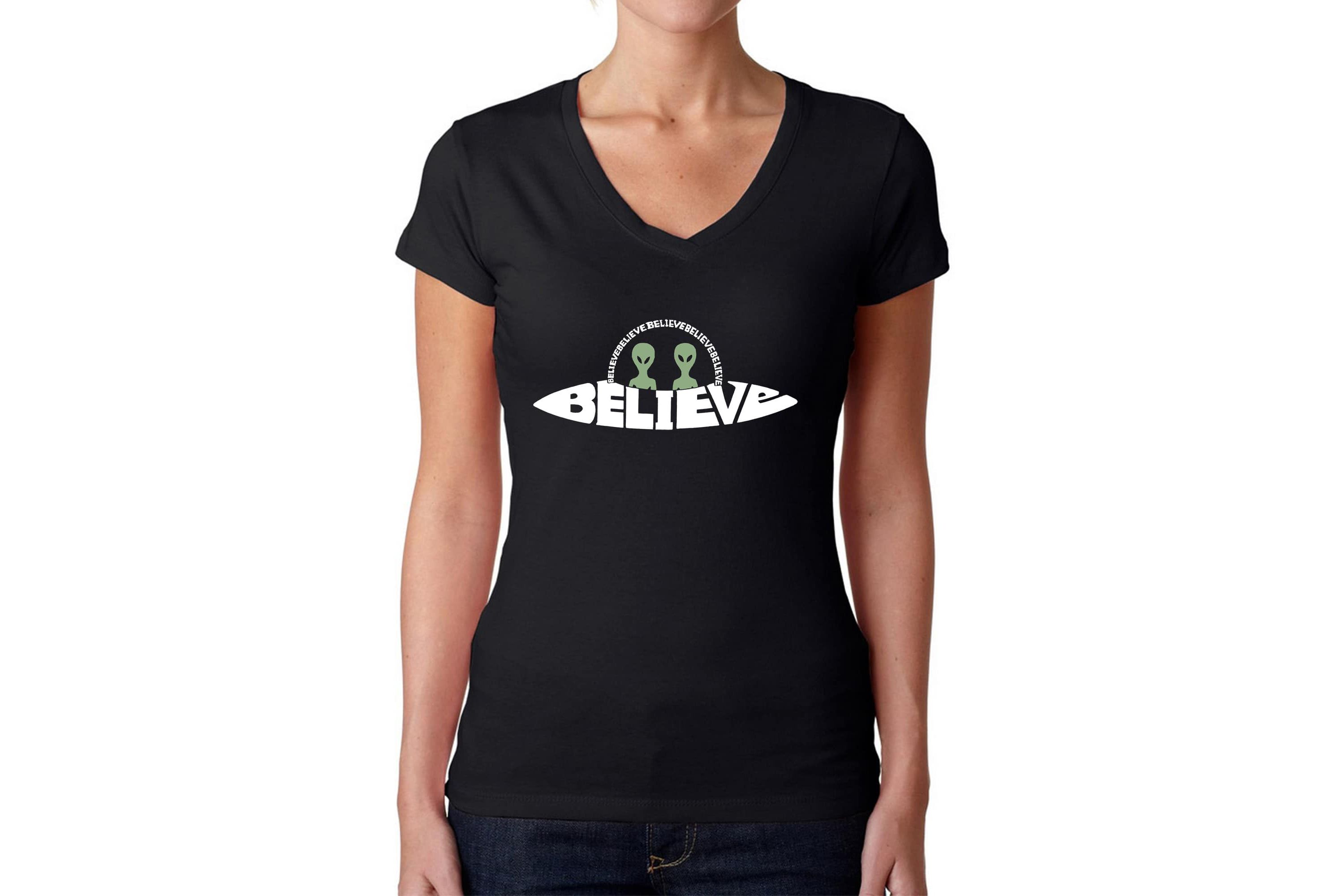 Believe UFO - Womens Word Art V-Neck T-Shirt