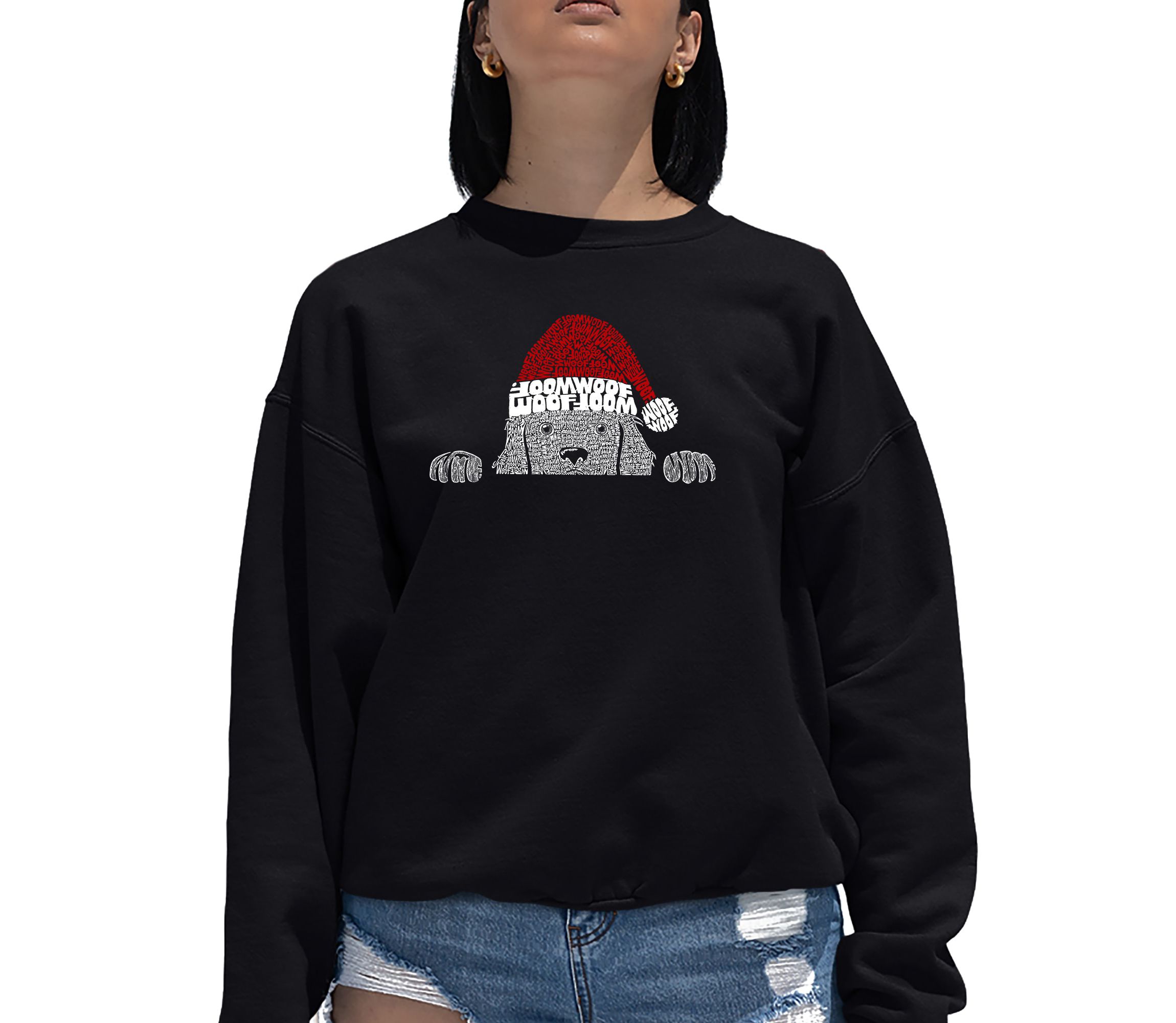 Christmas Peeking Dog - Womens Word Art Crewneck Sweatshirt
