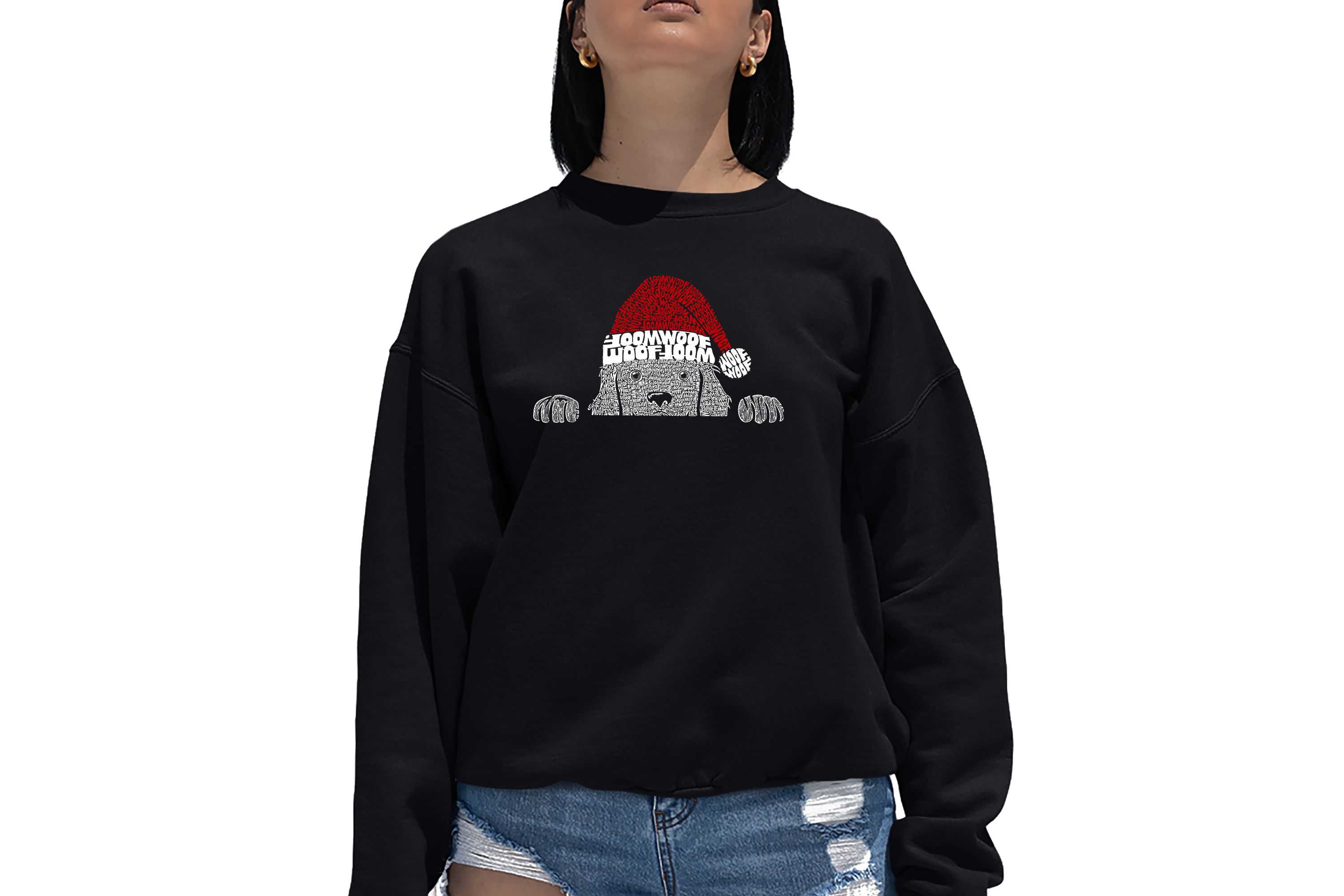 Christmas Peeking Dog - Womens Word Art Crewneck Sweatshirt