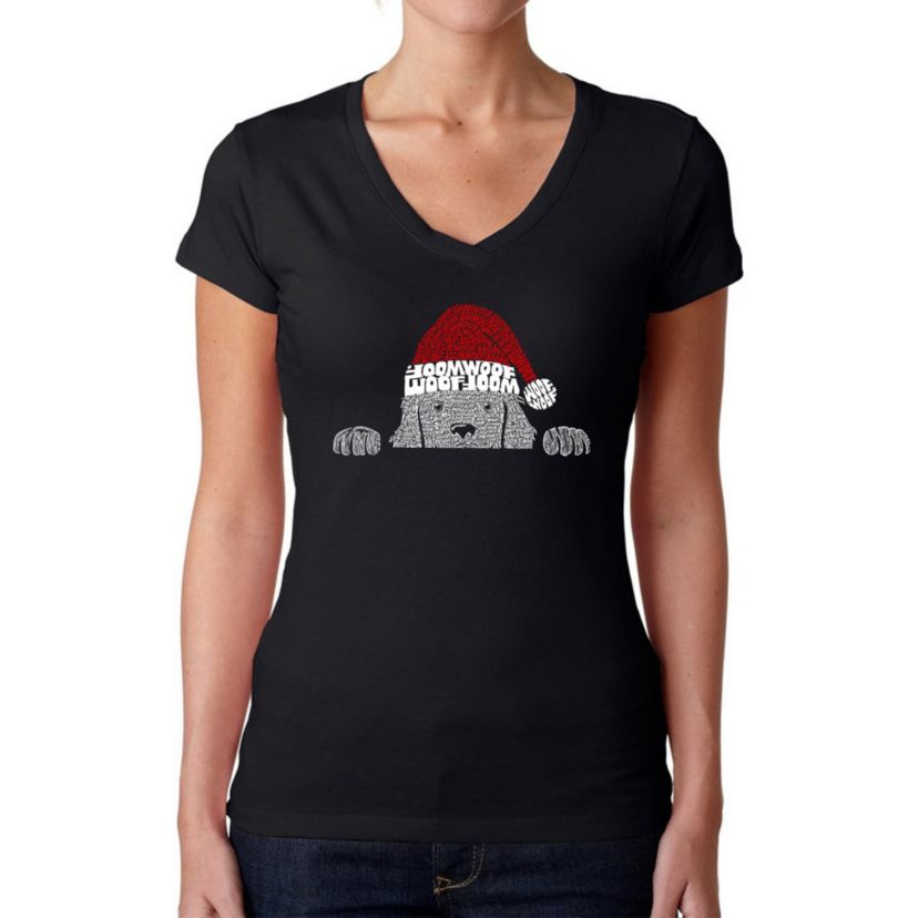 Christmas Peeking Dog - Womens Word Art V-Neck T-Shirt