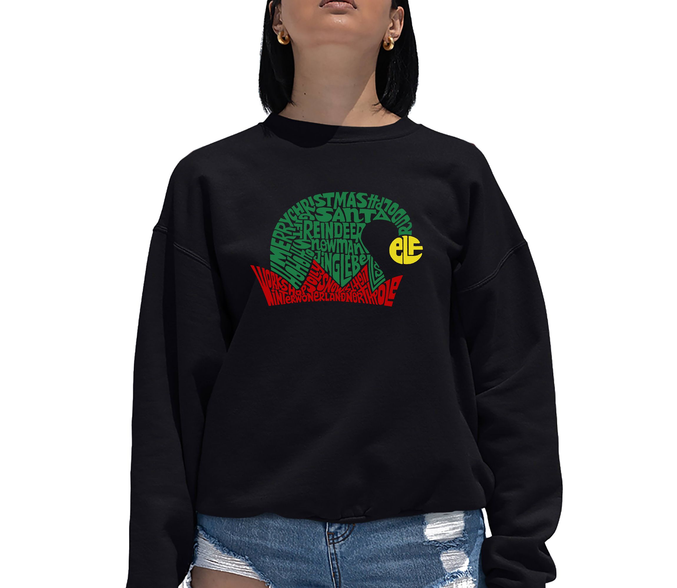 Christmas Elf Hat - Womens Word Art Crewneck Sweatshirt