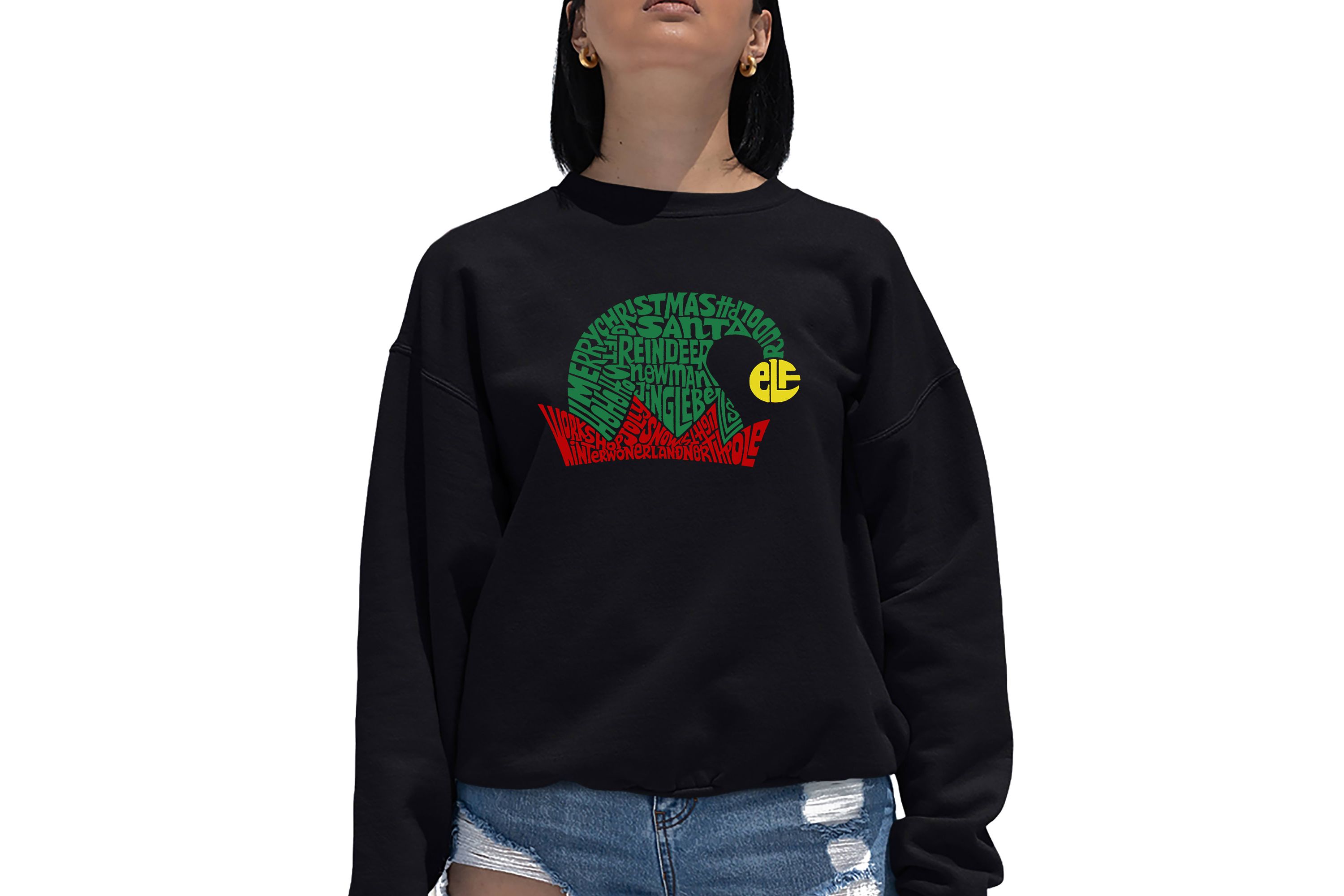 Christmas Elf Hat - Womens Word Art Crewneck Sweatshirt