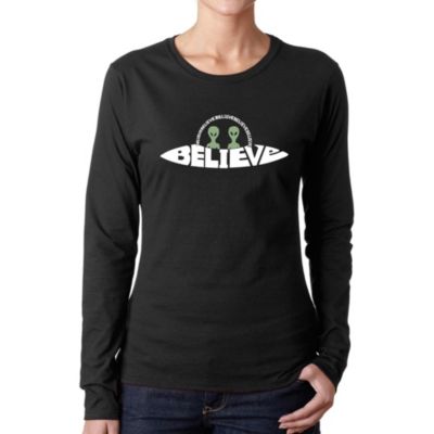 LA Pop Art Believe UFO - Women's Word Art Long Sleeve T-Shirt, Black, 2XL