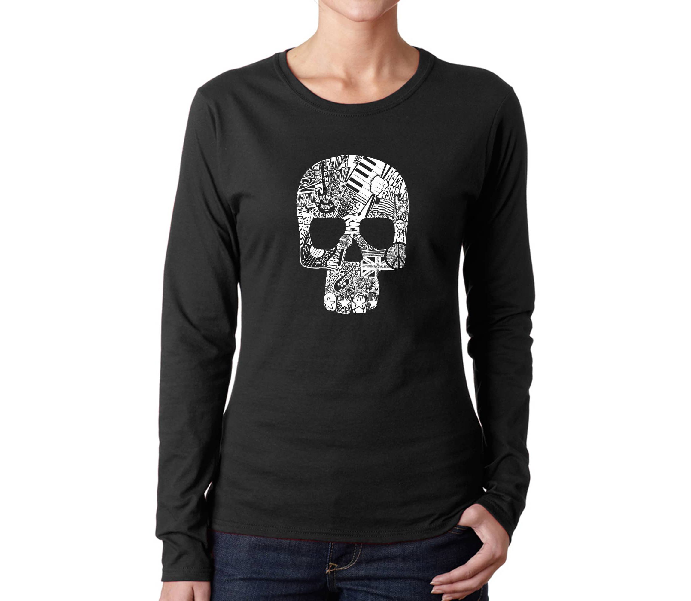 Rock n Roll Skull - Womens Word Art Long Sleeve T-Shirt