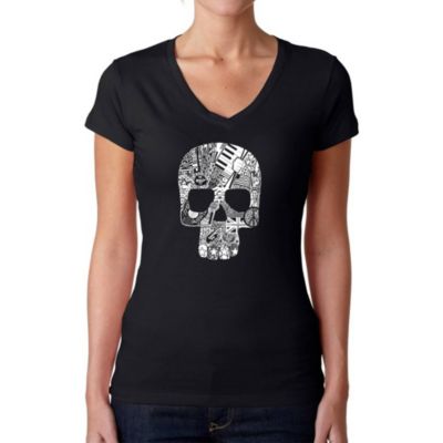 LA Pop Art Rock n Roll Skull - Women's Word Art V-Neck T-Shirt