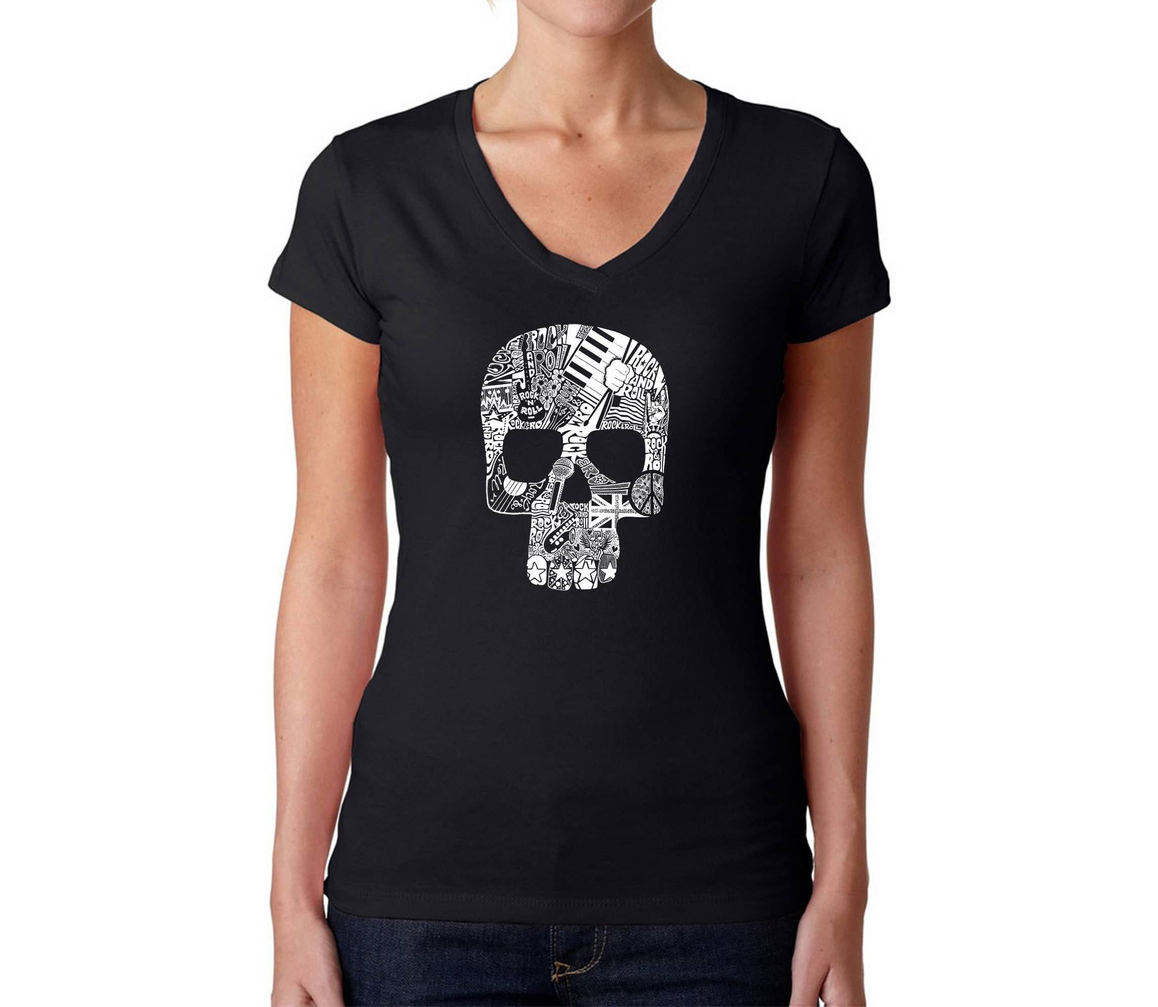 Rock n Roll Skull - Womens Word Art V-Neck T-Shirt