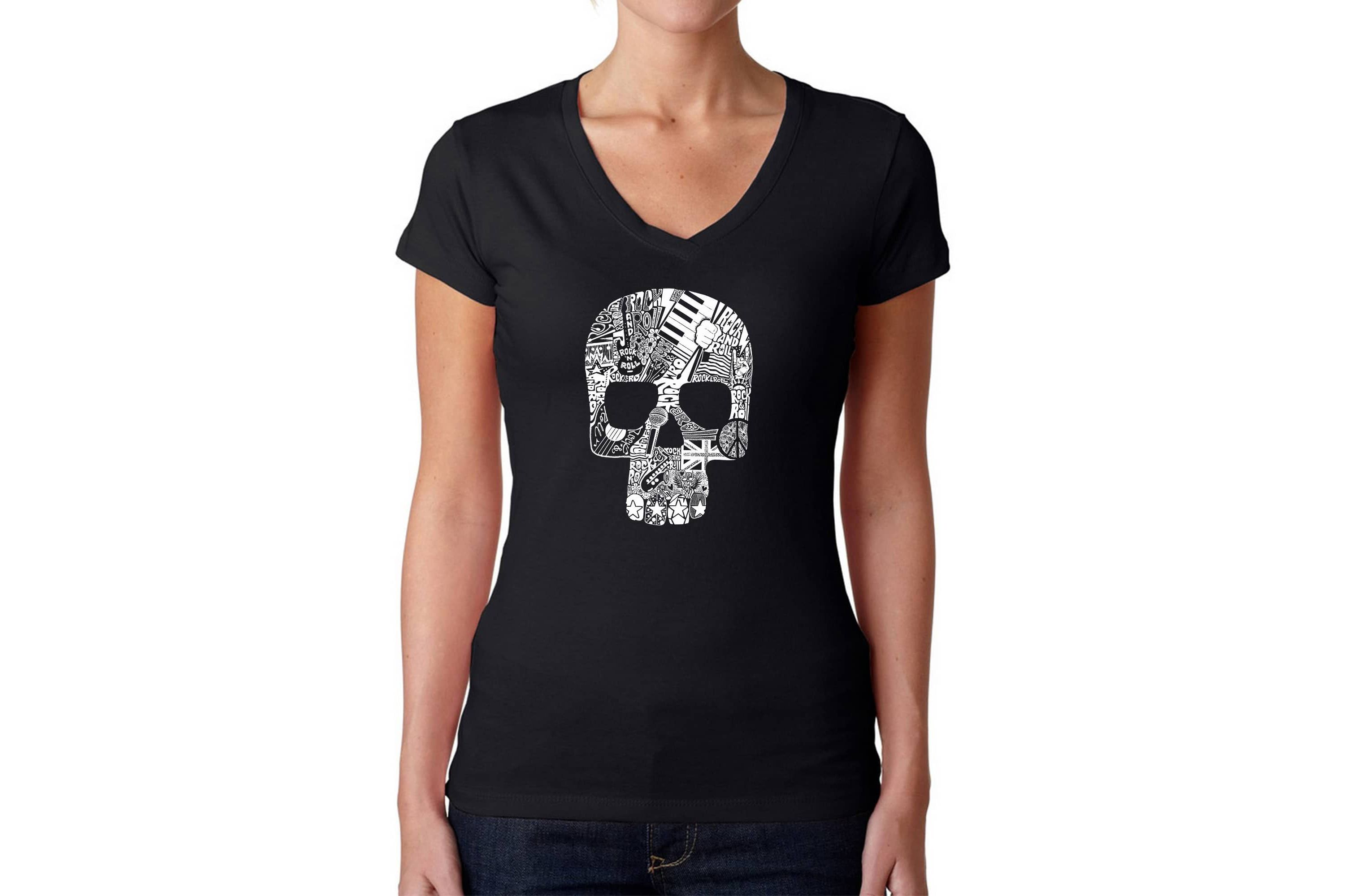 Rock n Roll Skull - Womens Word Art V-Neck T-Shirt