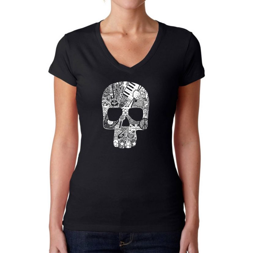 Rock n Roll Skull - Womens Word Art V-Neck T-Shirt