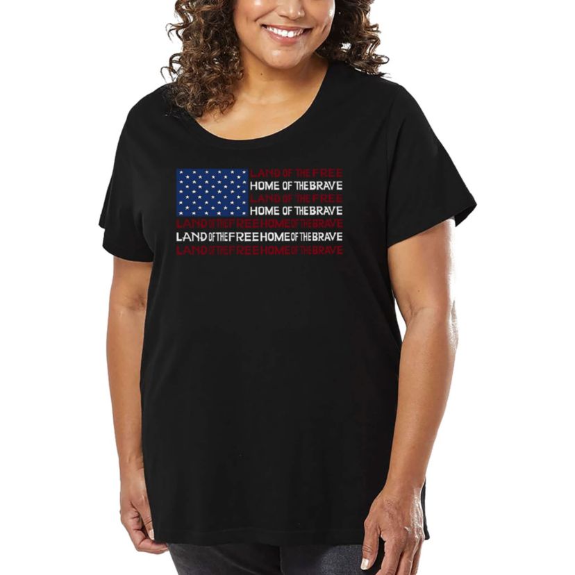 Womens Plus Size Word Art T-shirt - Land of the Free American Flag