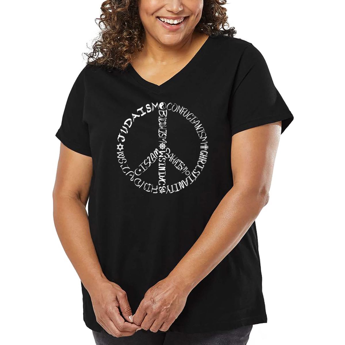 Womens Plus Size Word Art V-Neck - Different Faiths peace sign