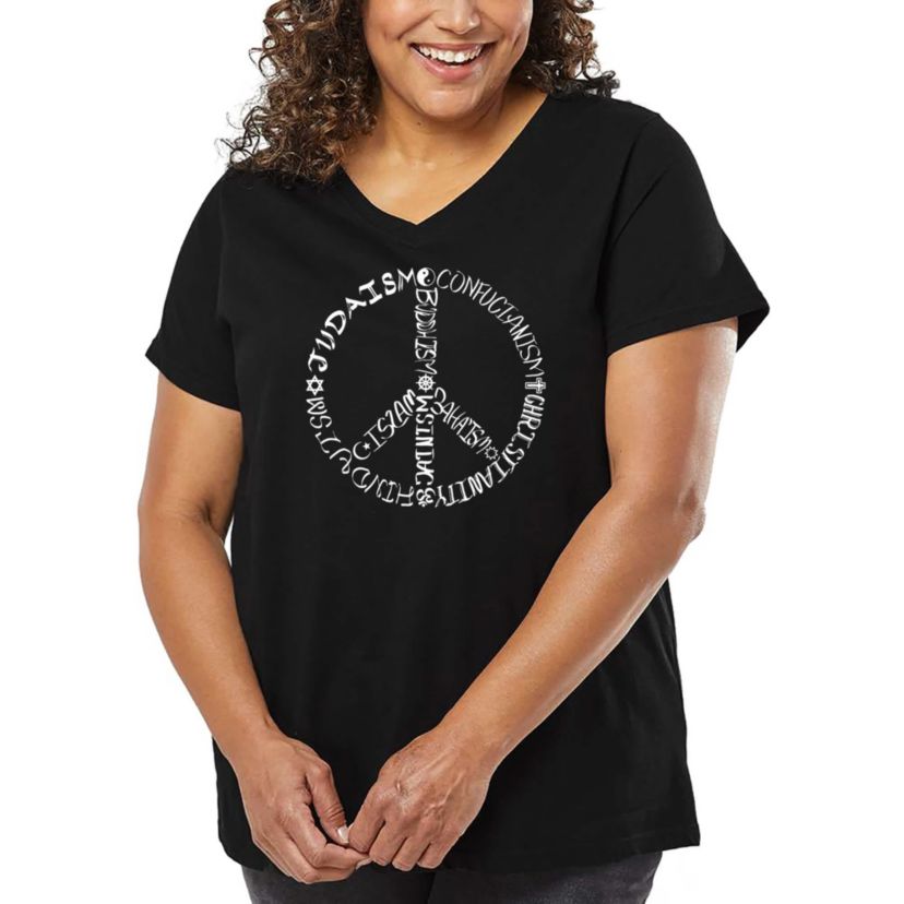 Womens Plus Size Word Art V-Neck - Different Faiths peace sign