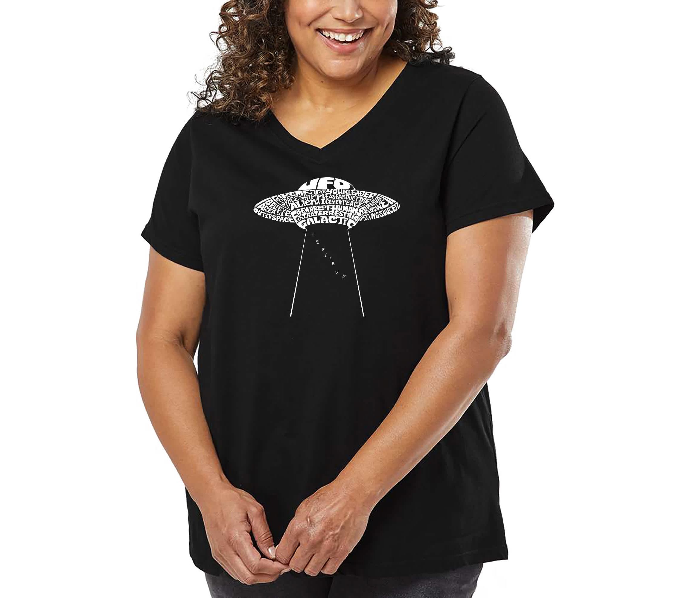 Womens Plus Size Word Art V-Neck - Flying Saucer UFO