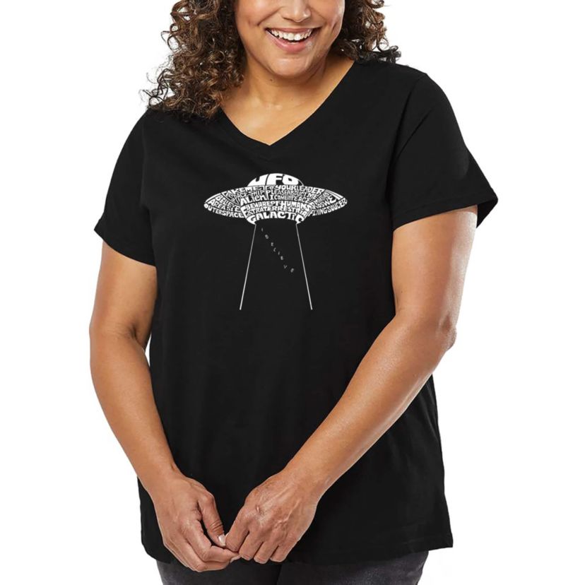 Womens Plus Size Word Art V-Neck - Flying Saucer UFO