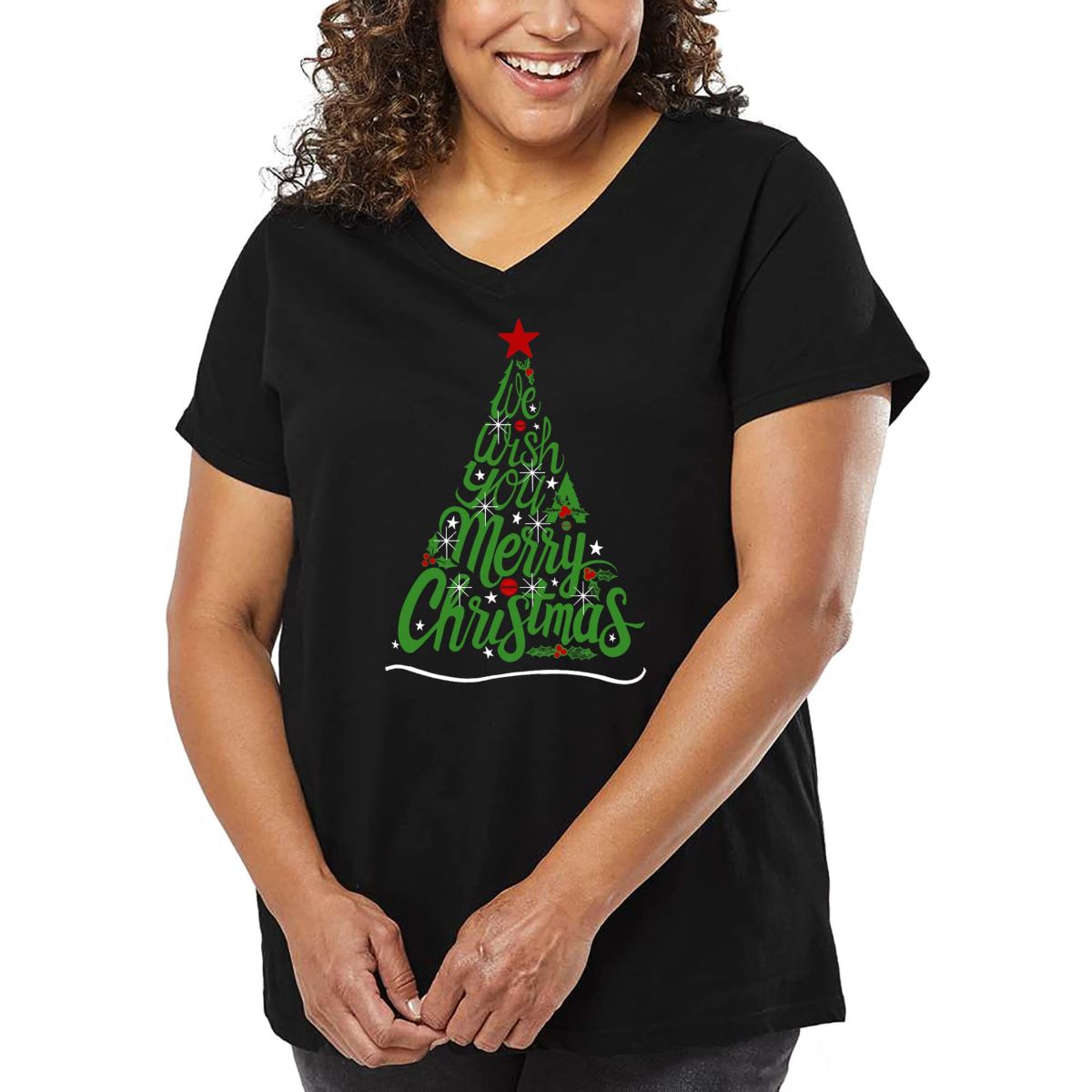 We Wish You A Merry Christmas - Womens Plus Size Word Art V-Neck