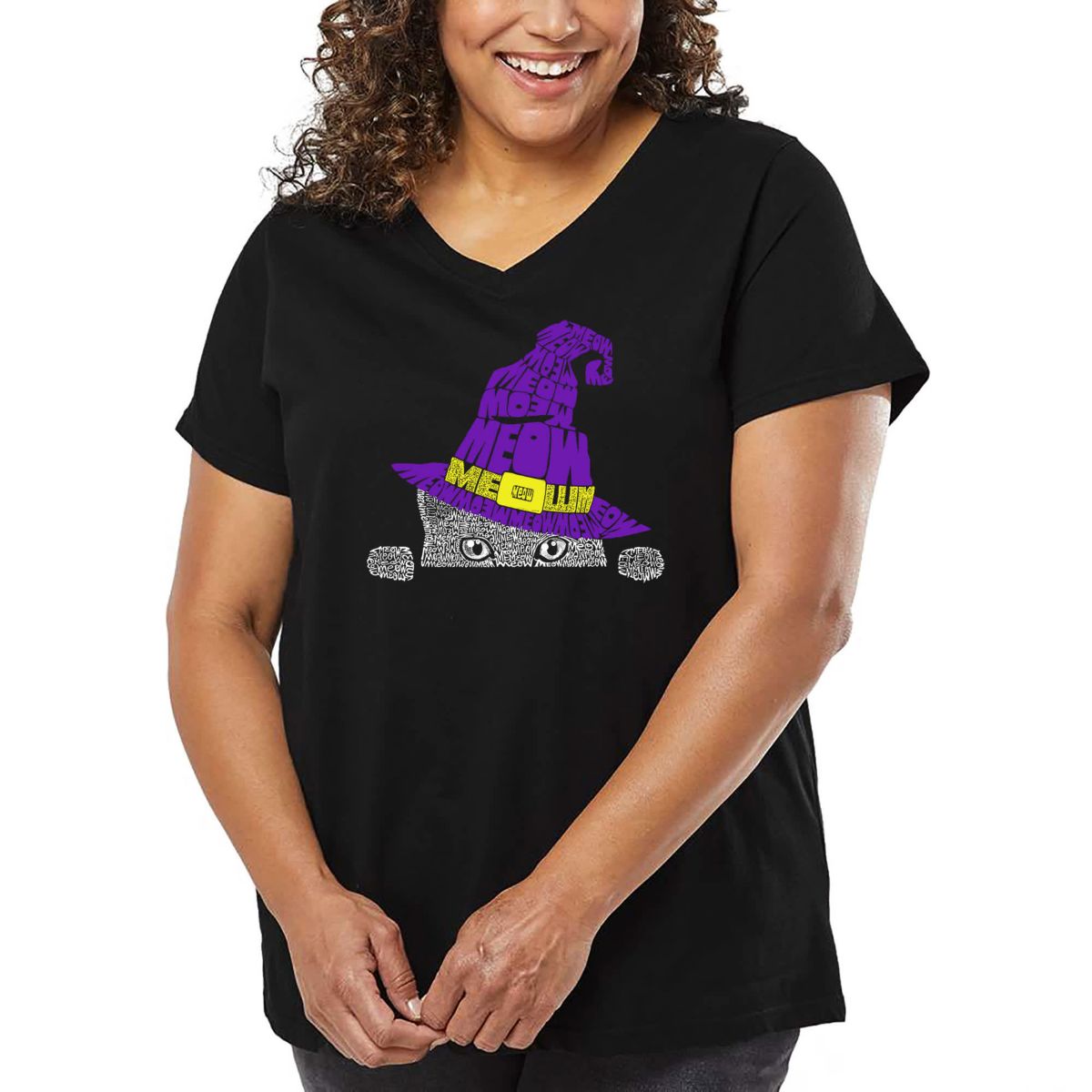 Peeking Witch Cat - Womens Plus Size Word Art V-Neck