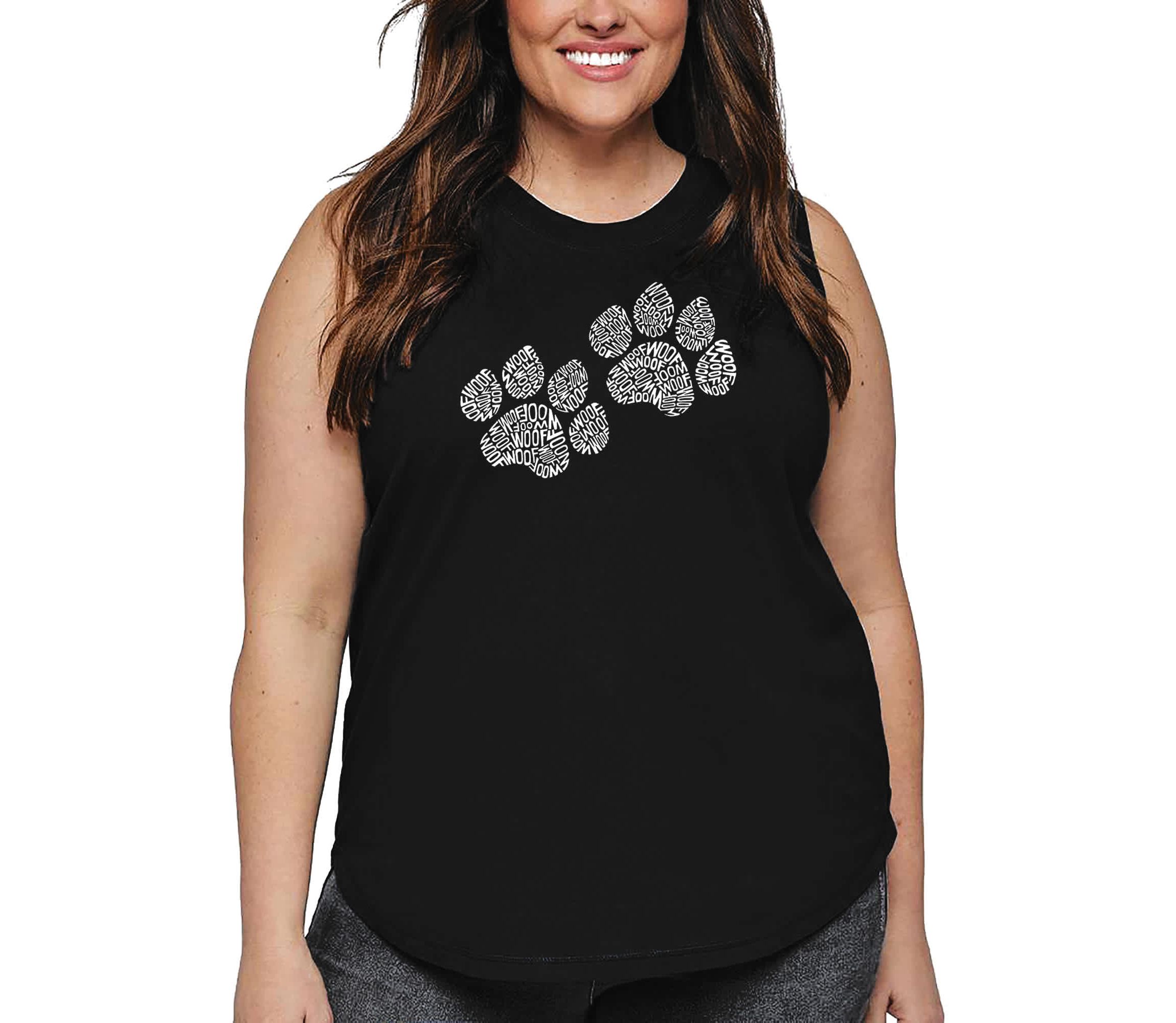 Womens Plus Size Word Art Tank Top - Woof Paw Prints