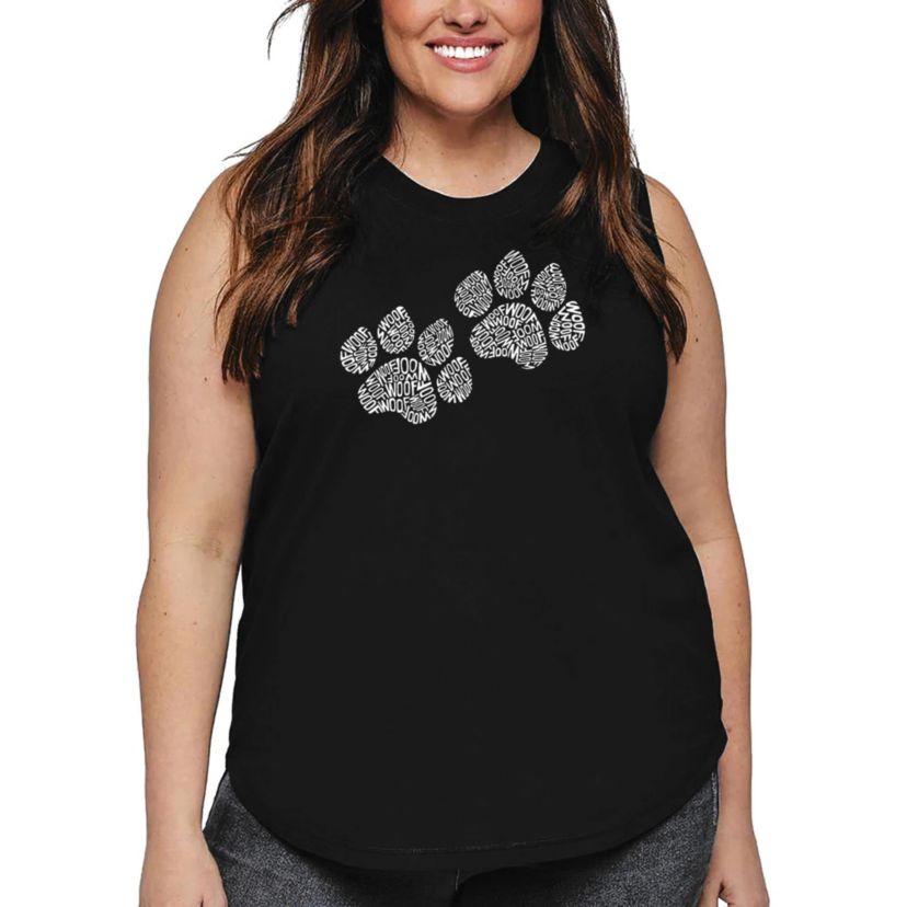 Womens Plus Size Word Art Tank Top - Woof Paw Prints