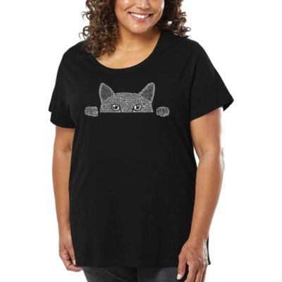 LA Pop Art Women's Plus Size Word Art T-shirt - Peeking Cat, Black, 4X