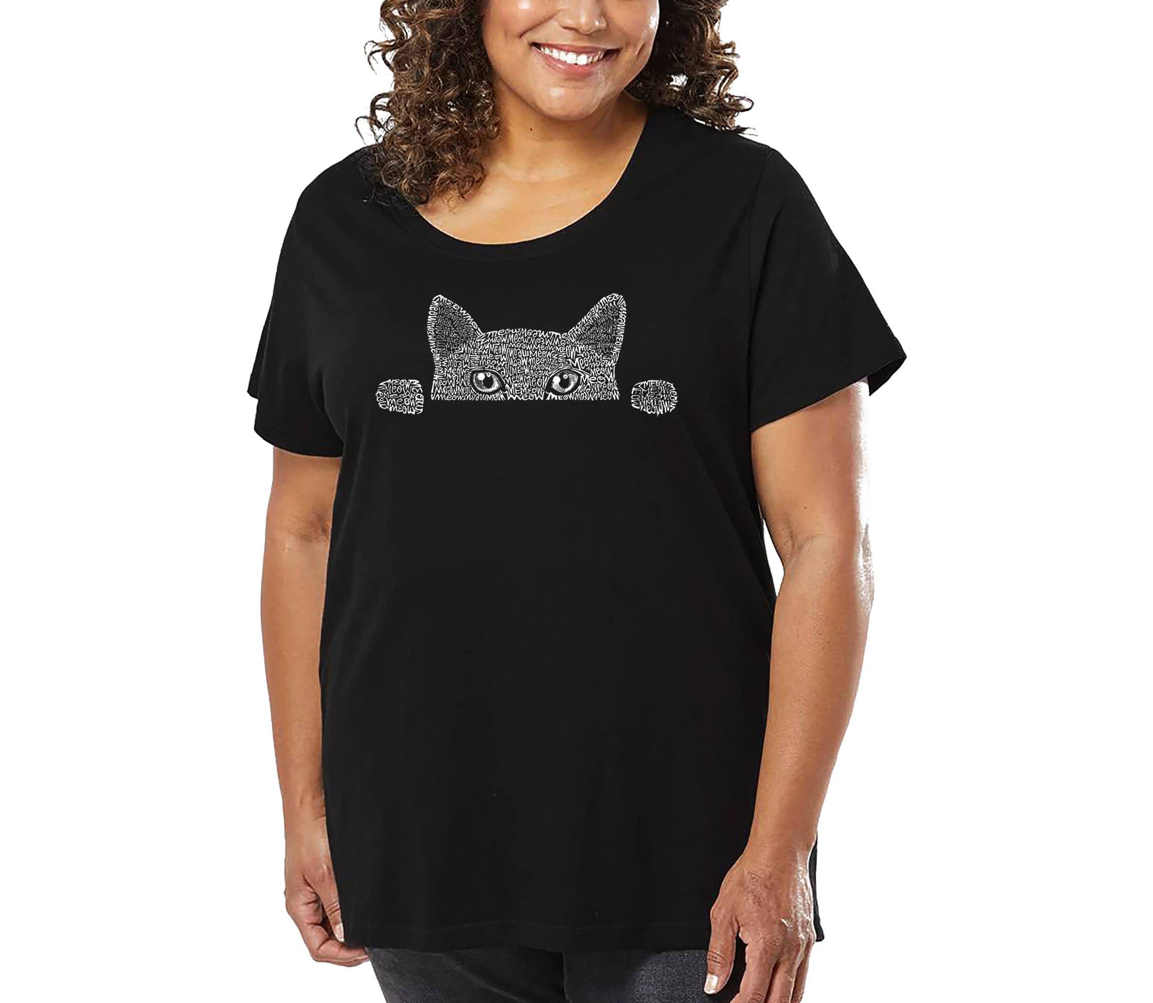 Womens Plus Size Word Art T-shirt - Peeking Cat
