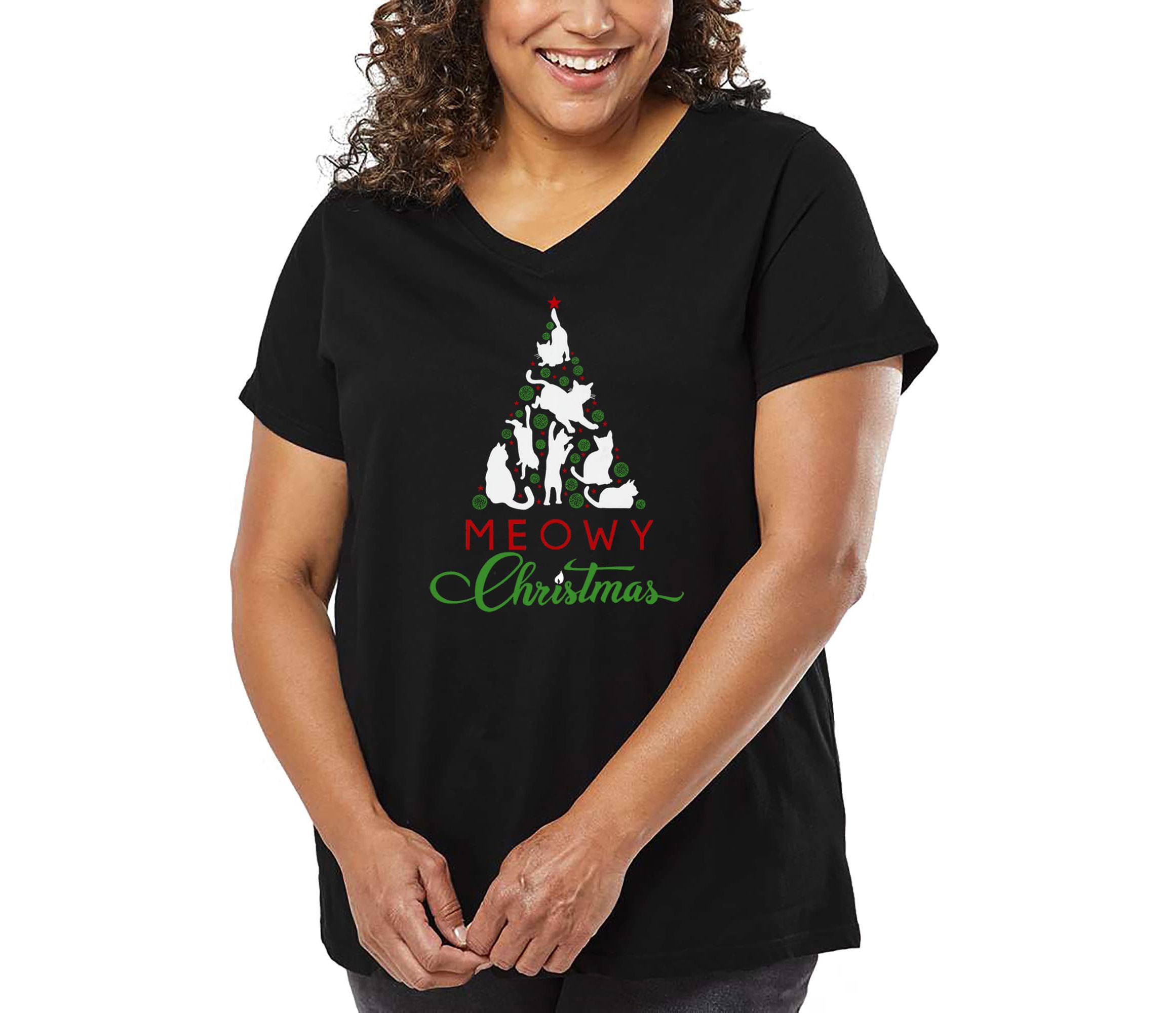 Meowy Christmas Tree - Womens Plus Size Word Art V-Neck