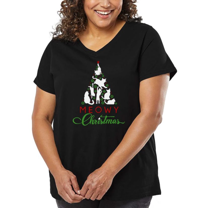 Meowy Christmas Tree - Womens Plus Size Word Art V-Neck