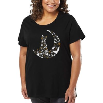 LA Pop Art Cat Sitting On Moon - Women's Plus Size Word Art T-Shirt, Black, 4X