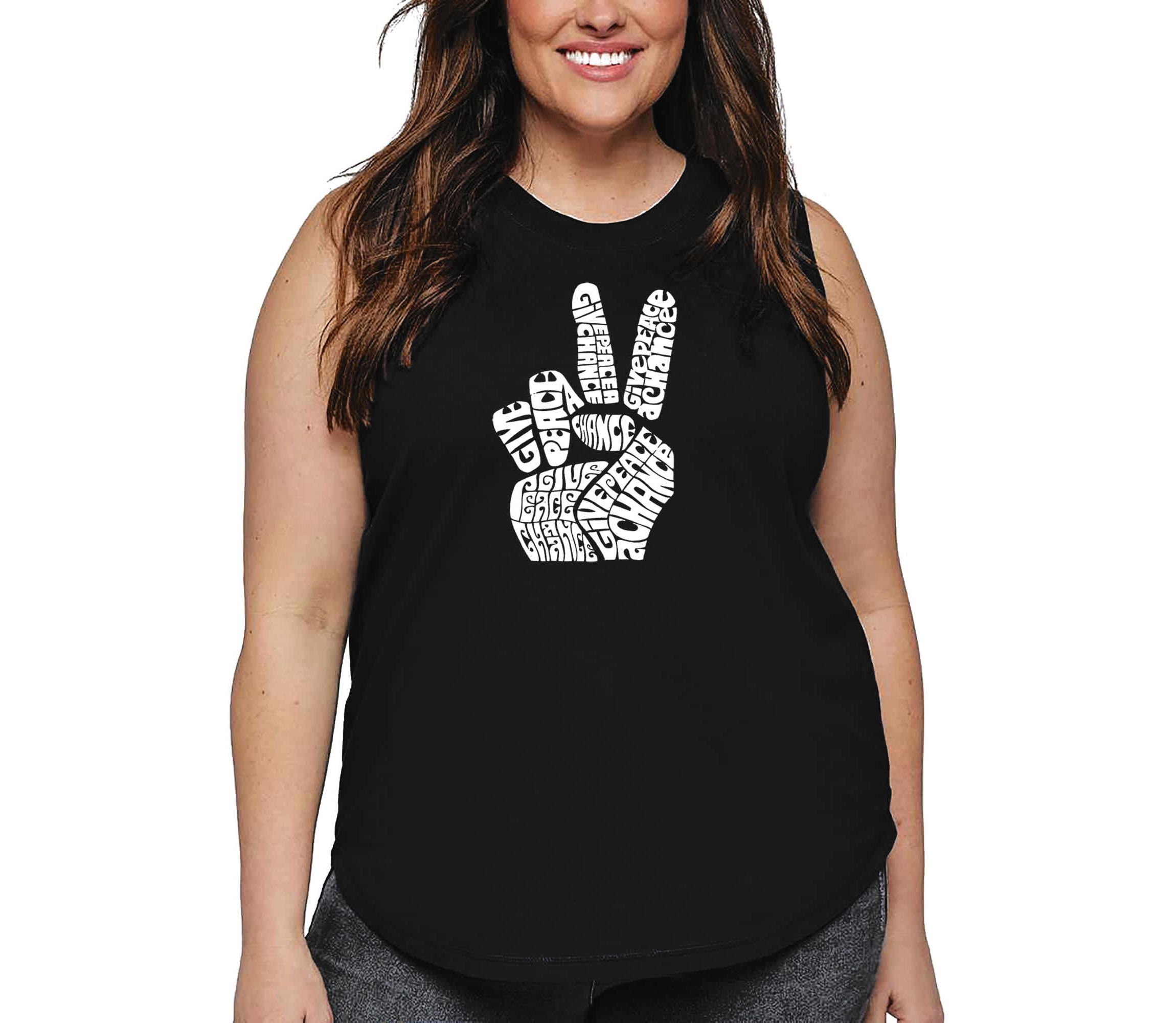 Womens Plus Size Word Art Tank Top - PEACE FINGERS