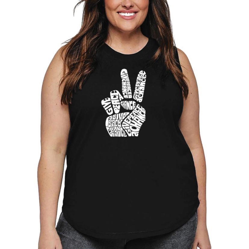 Womens Plus Size Word Art Tank Top - PEACE FINGERS