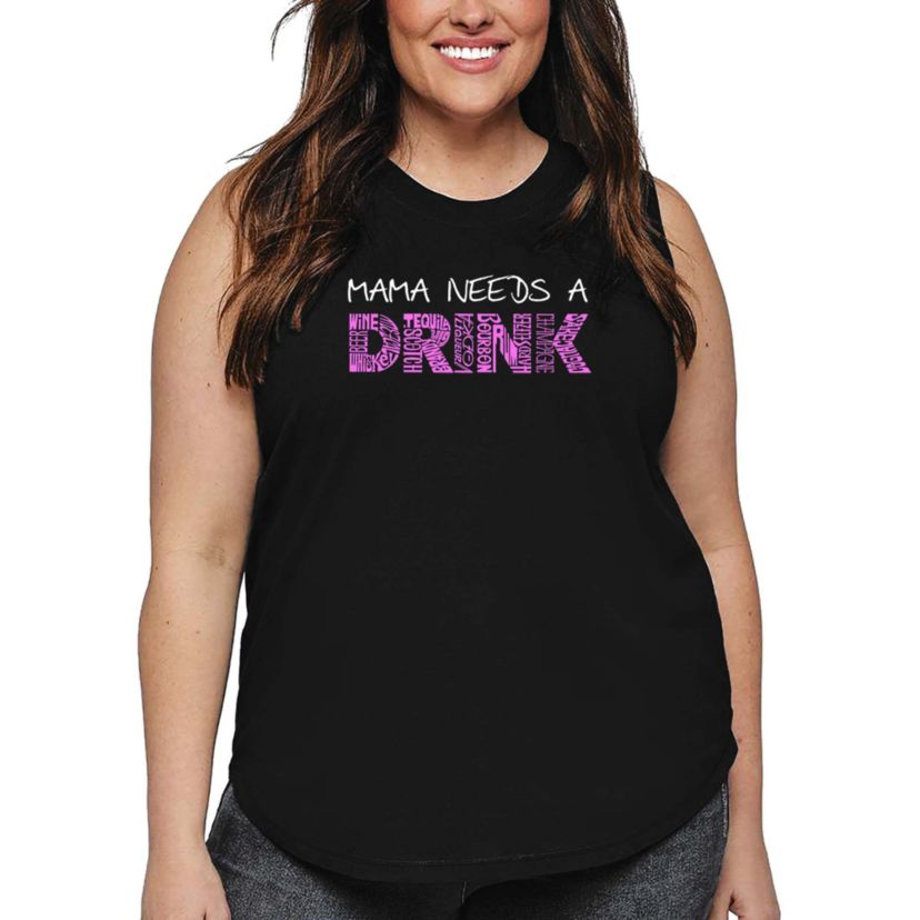 Womens Plus Size Word Art Tank Top - Mama Needs a Drink