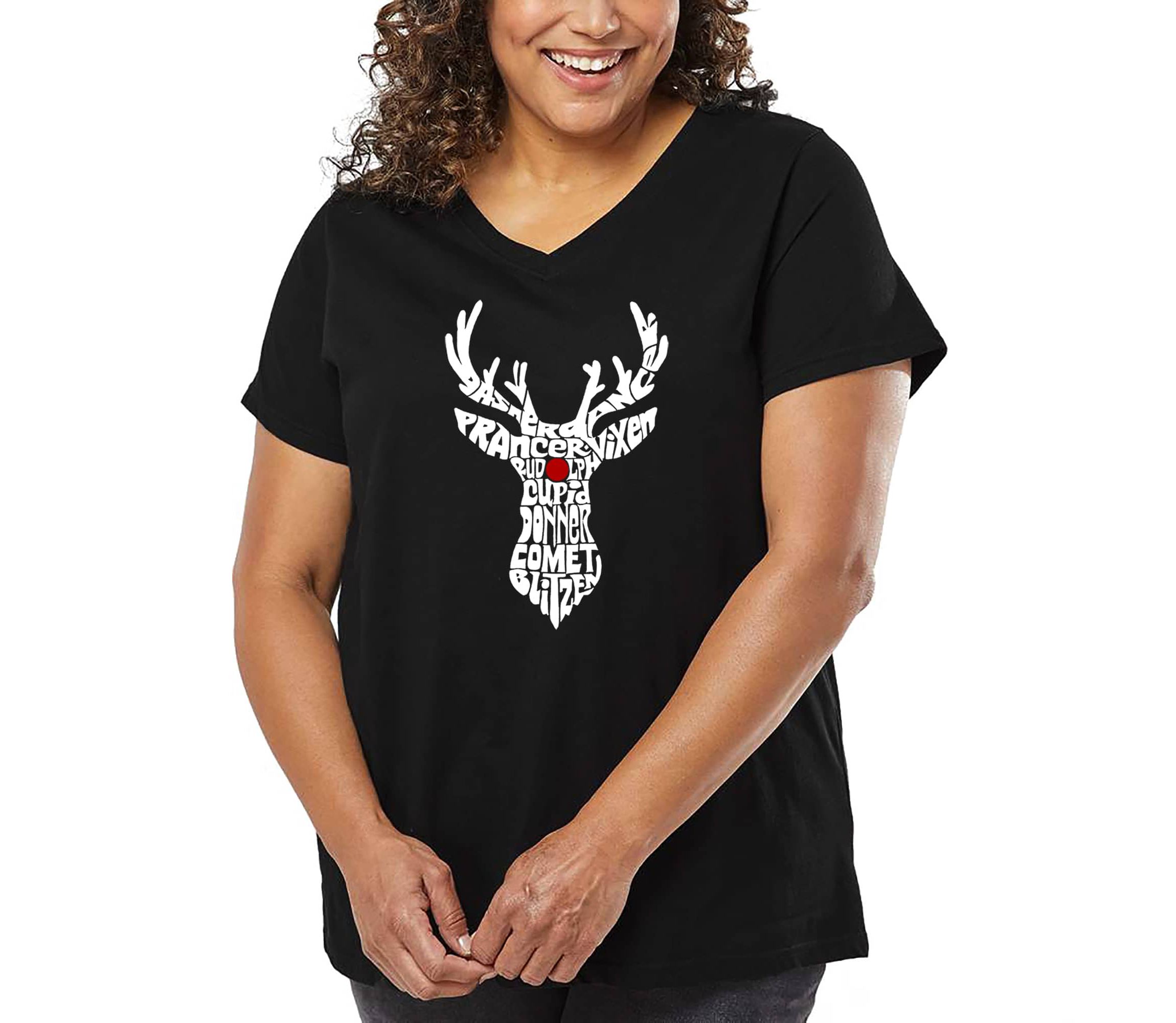 Womens Plus Size Word Art V-Neck - Santas Reindeer