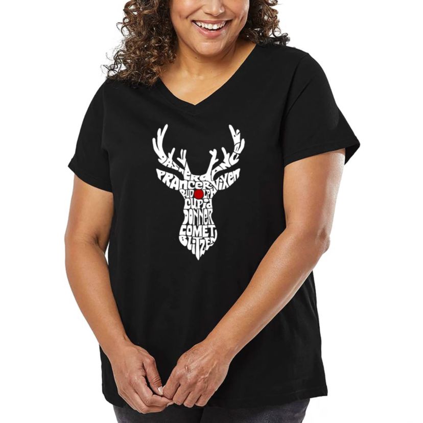 Womens Plus Size Word Art V-Neck - Santas Reindeer