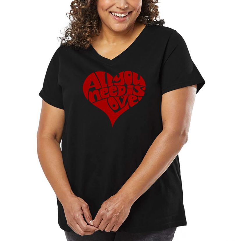 Womens Plus Size Word Art V-Neck - All You Need Is Love