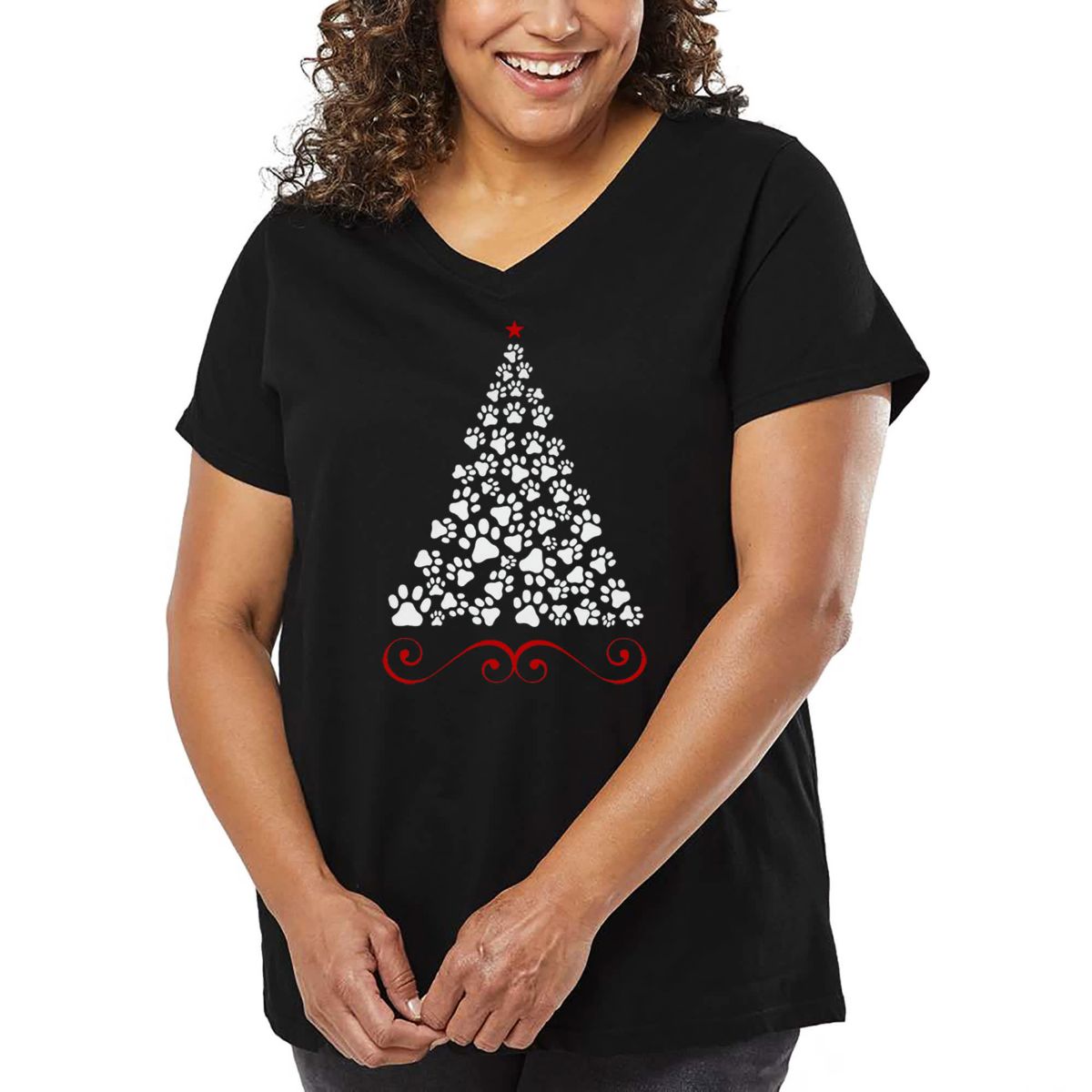 Paw Christmas Tree - Womens Plus Size Word Art V-Neck