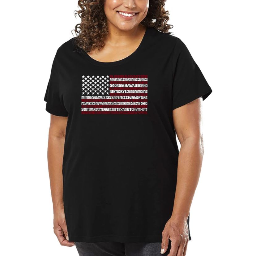 Womens Plus Size Word Art T-shirt - 50 States USA Flag