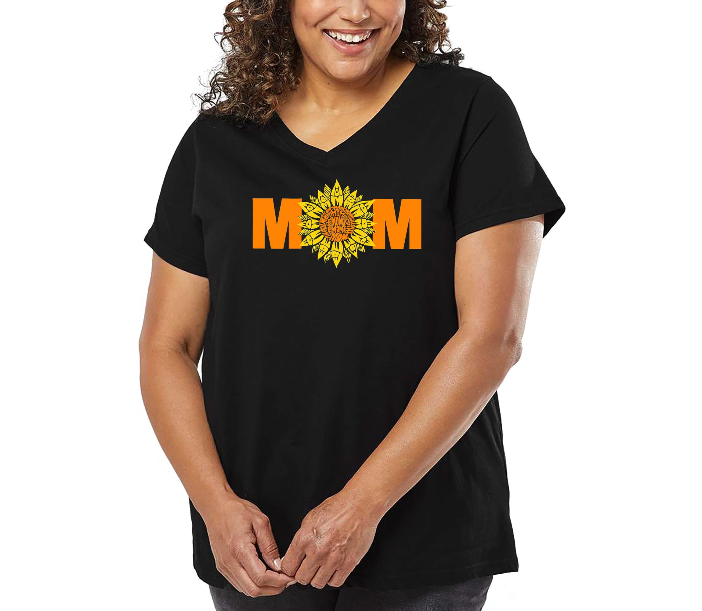 Womens Plus Size Word Art V-Neck - Mom Sunflower