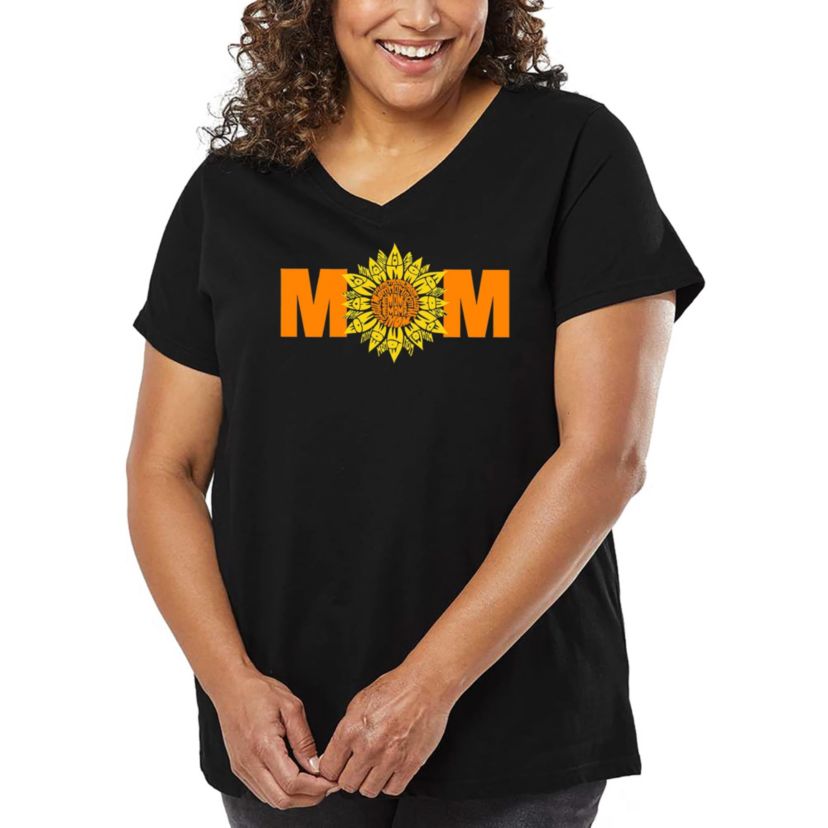 Womens Plus Size Word Art V-Neck - Mom Sunflower