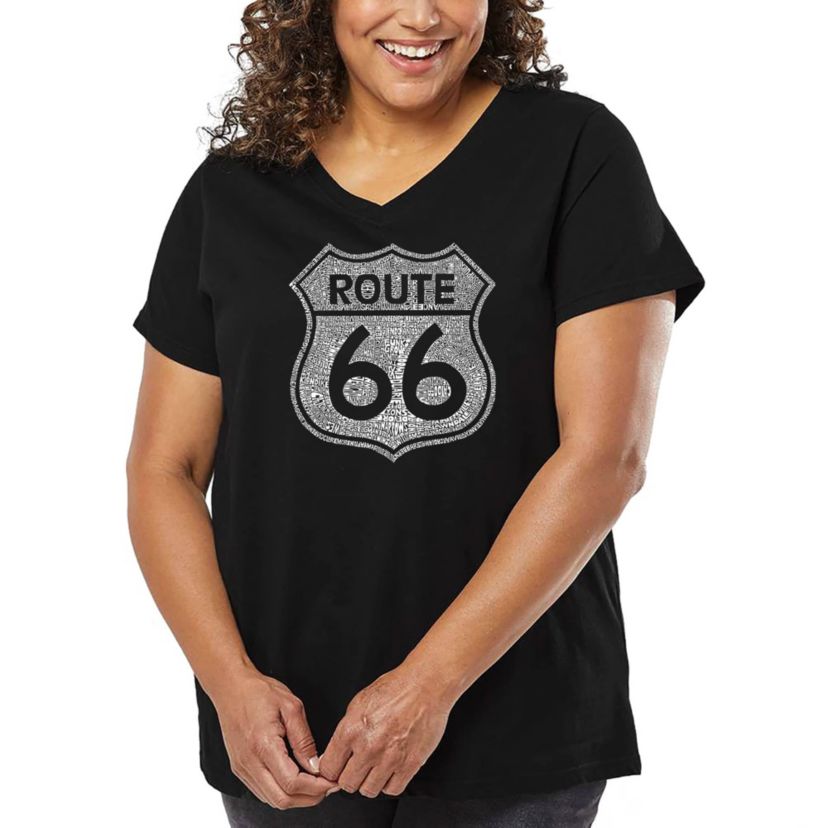Womens Plus Size Word Art V-Neck - CITIES ALONG THE LEGENDARY ROUTE 66