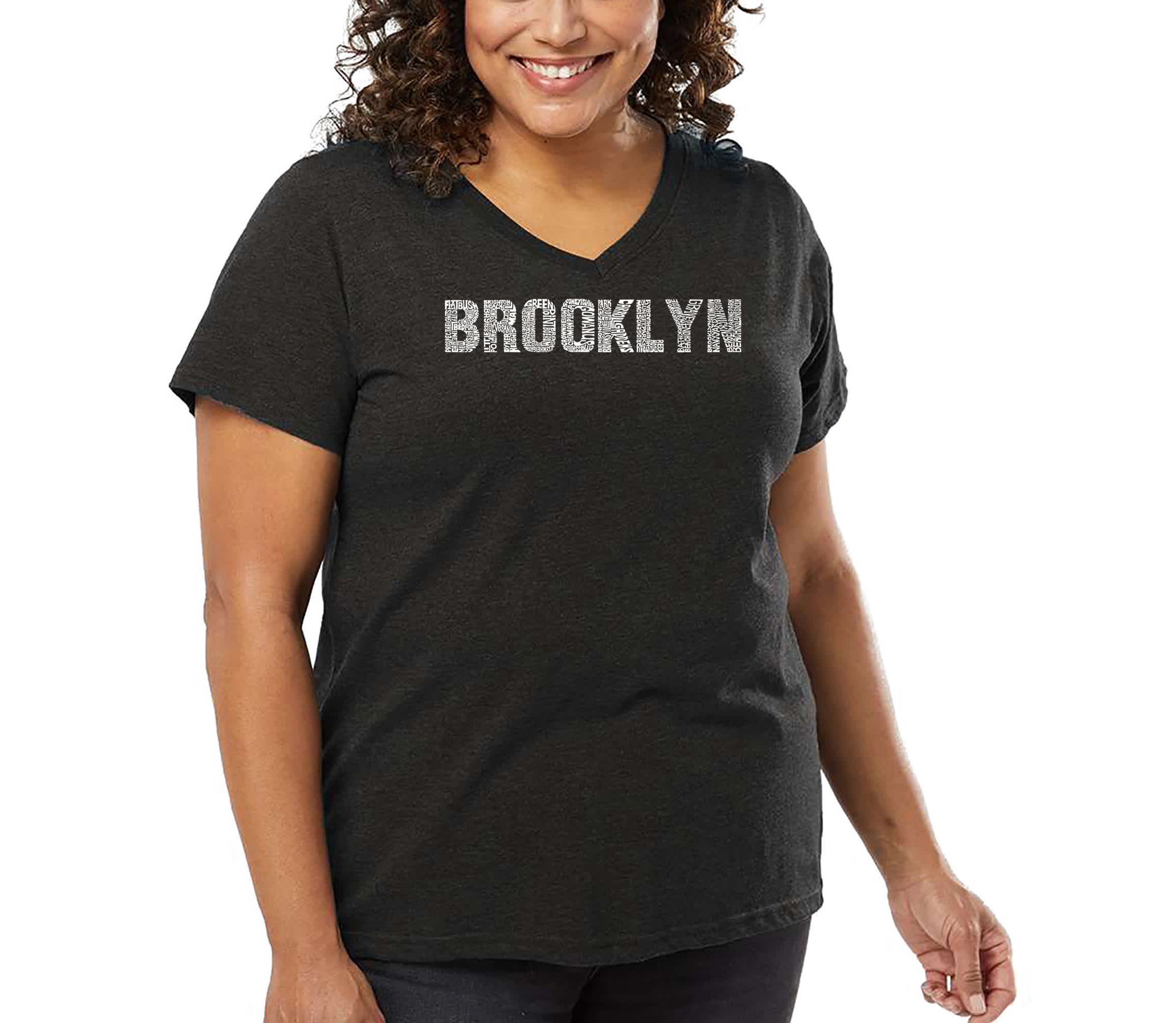 Womens Plus Size Word Art V-Neck - BROOKLYN NEIGHBORHOODS