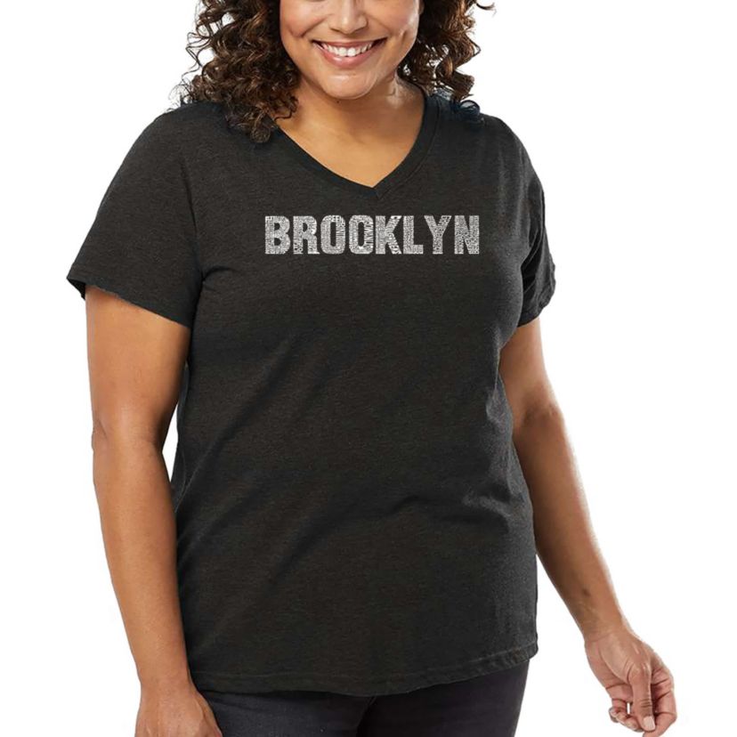 Womens Plus Size Word Art V-Neck - BROOKLYN NEIGHBORHOODS