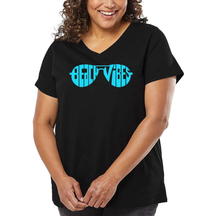 Beach Vibes - Womens Plus Size Word Art V-Neck