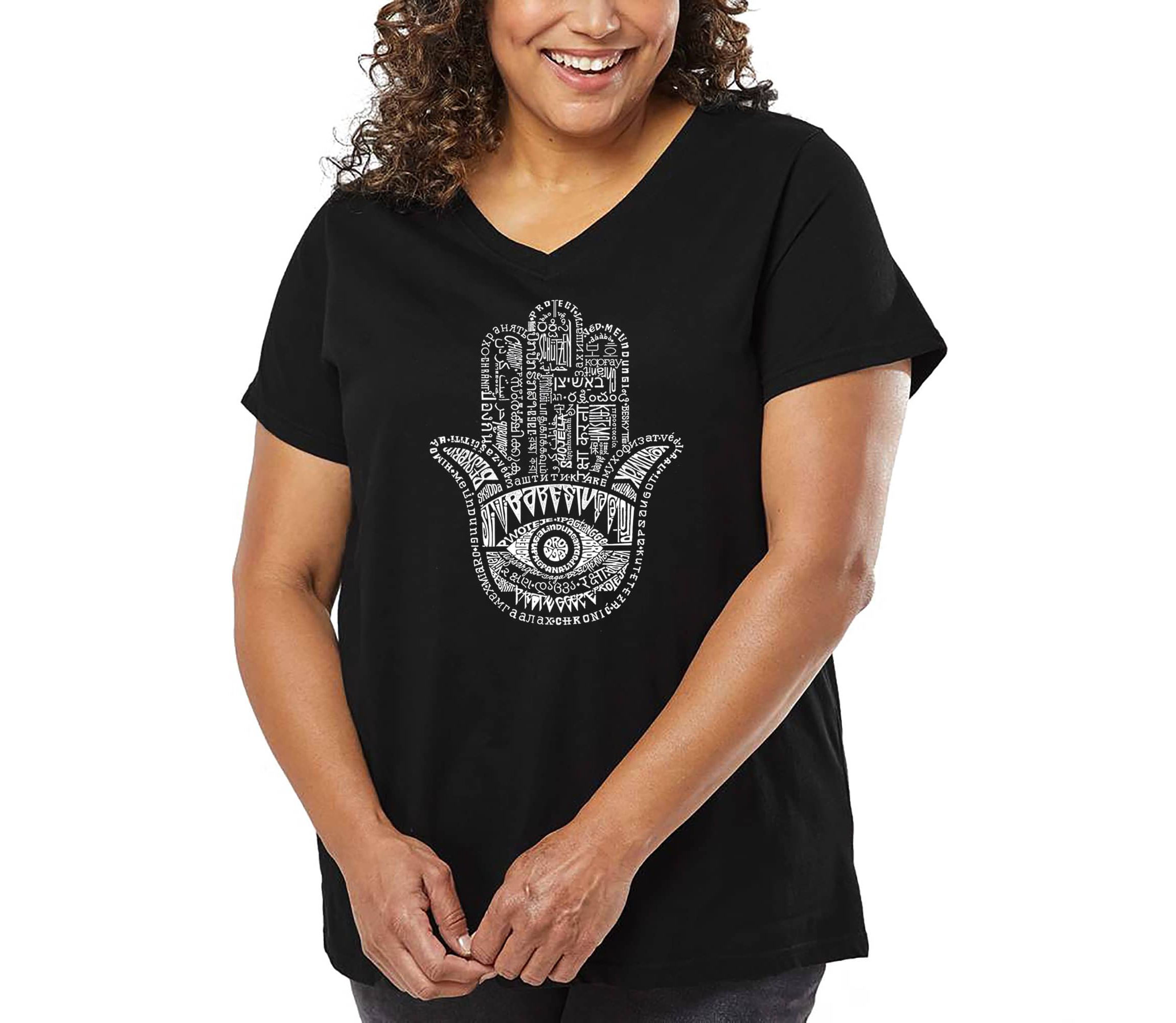 Womens Plus Size Word Art V-Neck - Hamsa