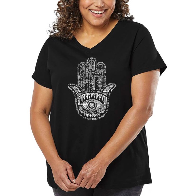 Womens Plus Size Word Art V-Neck - Hamsa