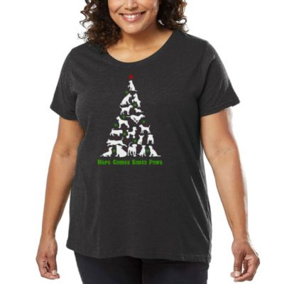 LA Pop Art Here Comes Santa Paws - Women's Plus Size Word Art T-Shirt, Grey, 4X