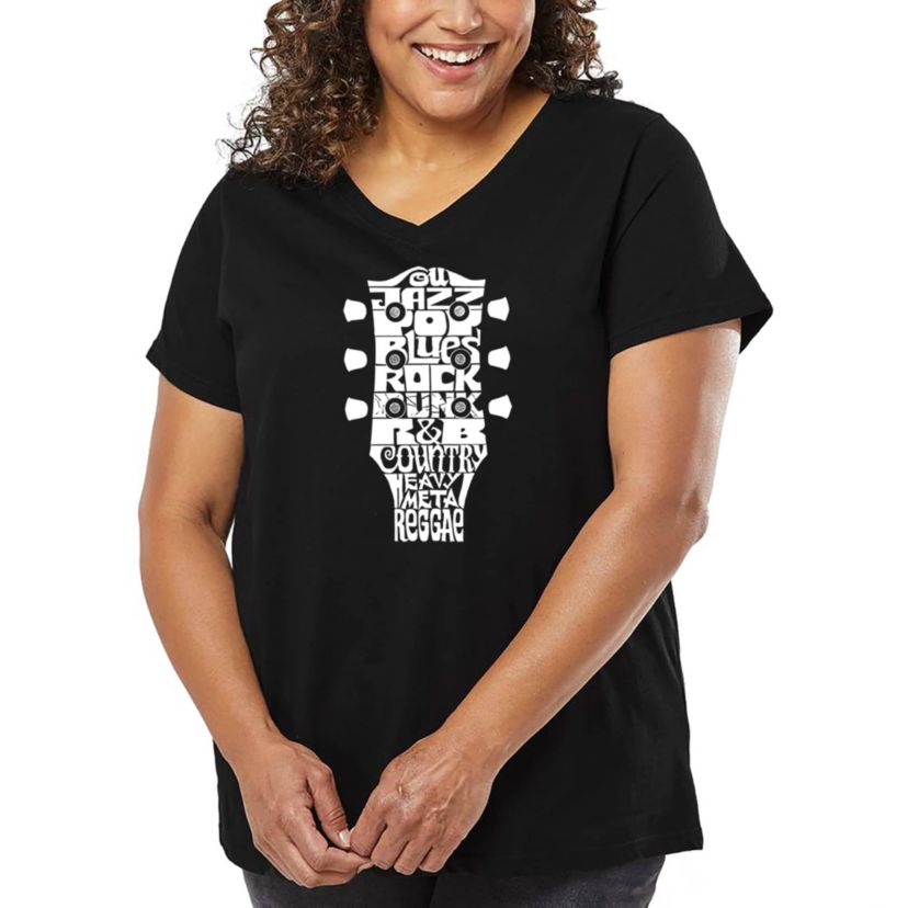 Womens Plus Size Word Art V-Neck - Guitar Head Music Genres