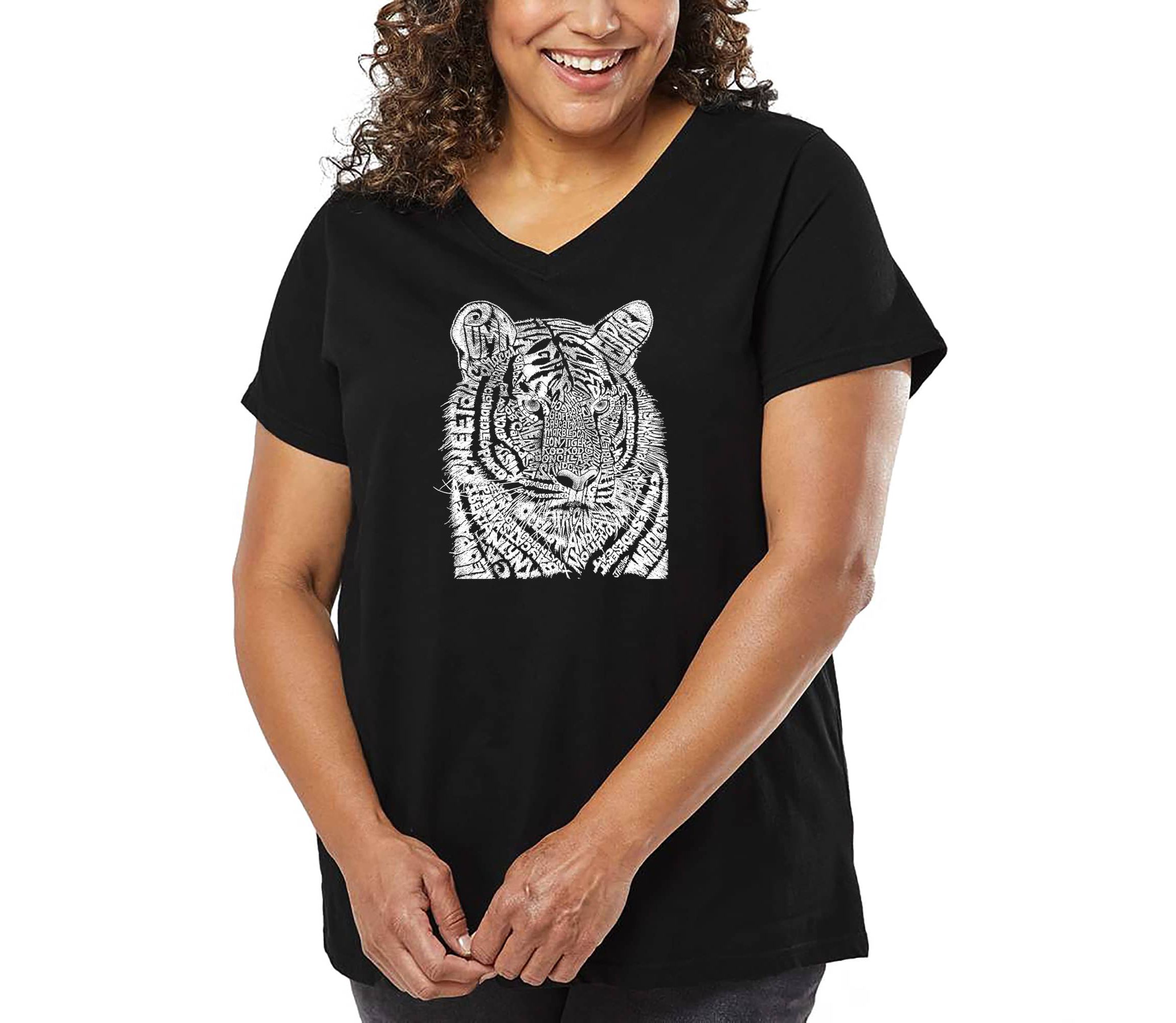 Womens Plus Size Word Art V-Neck - Big Cats
