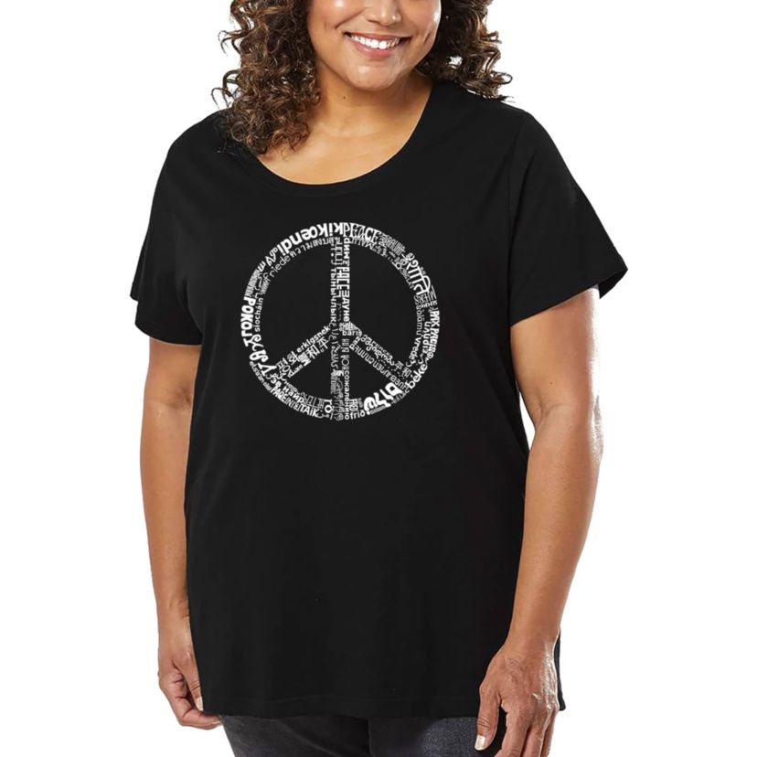 Womens Plus Size Word Art T-shirt - THE WORD PEACE IN 77 LANGUAGES