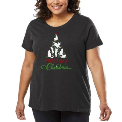 LA Pop Art Meowy Christmas Tree - Women's Plus Size Word Art T-Shirt, Grey, 4X