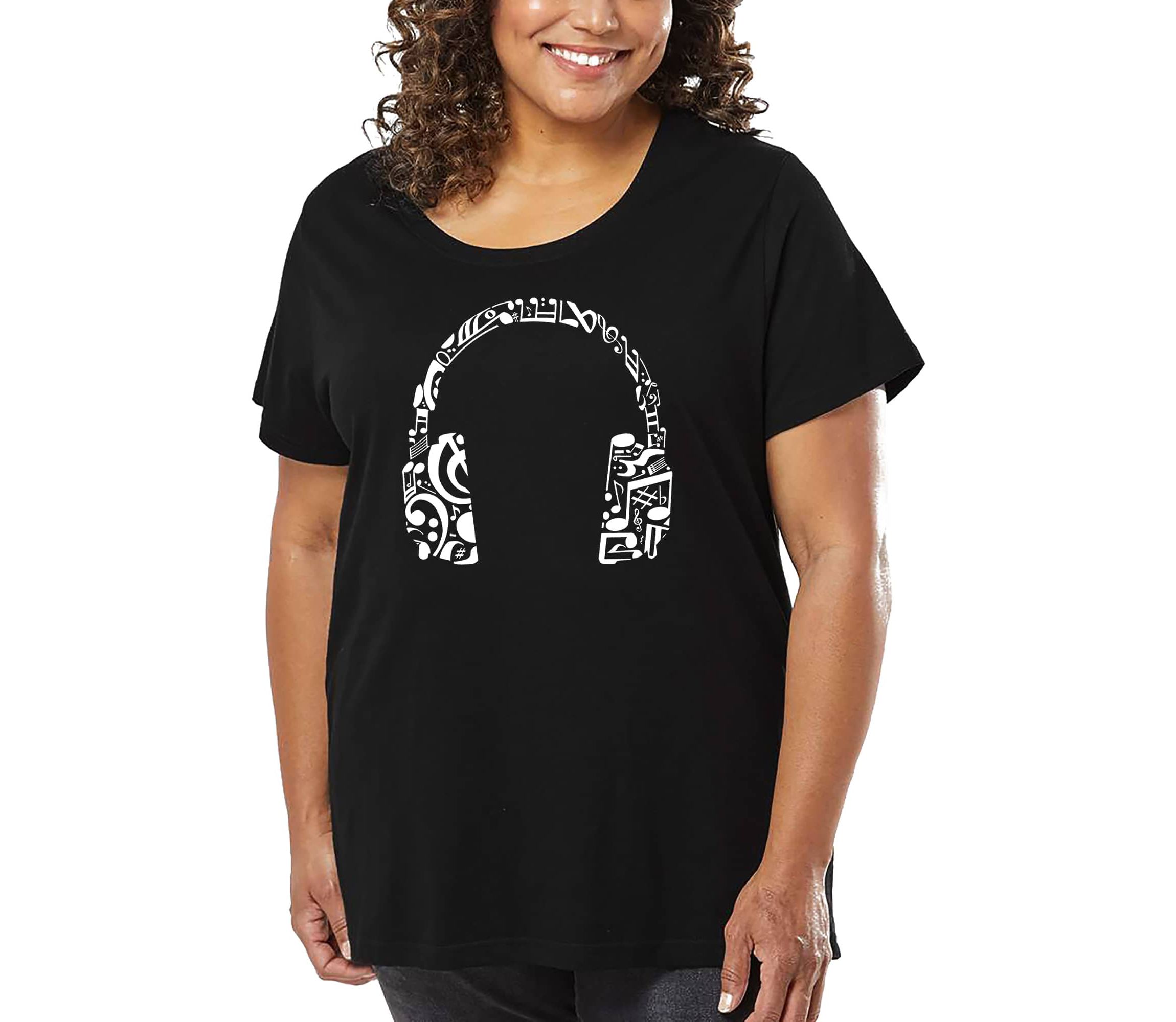 Womens Plus Size Word Art T-shirt - Music Note Headphones