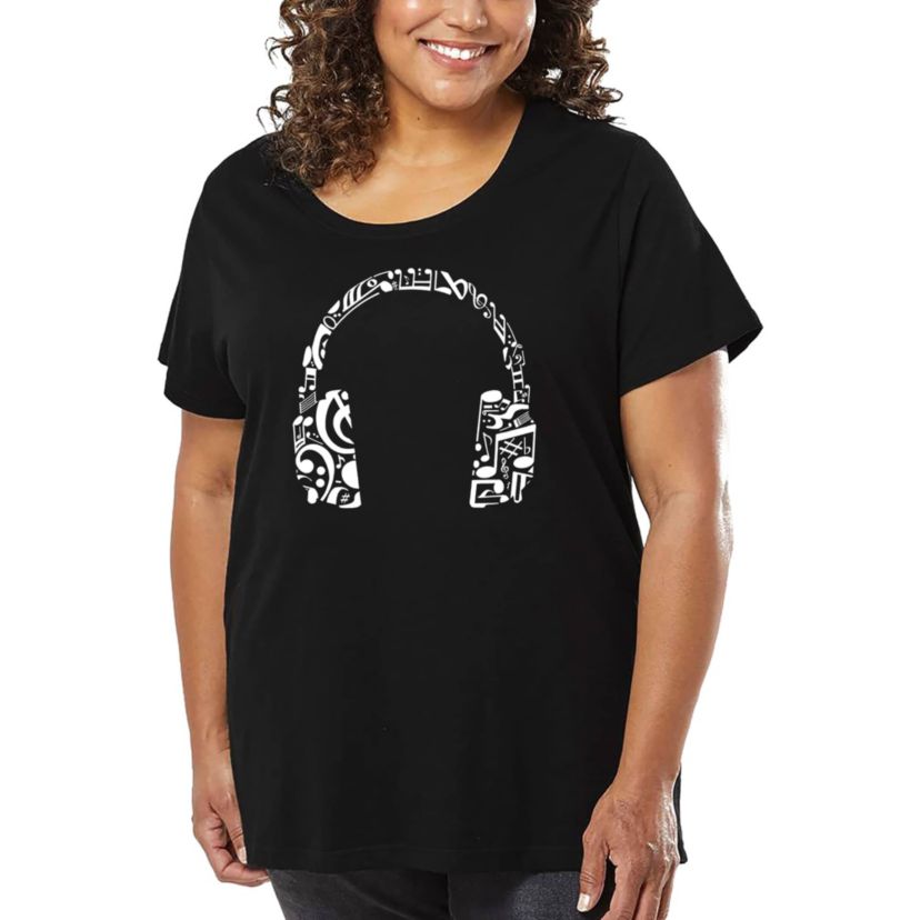 Womens Plus Size Word Art T-shirt - Music Note Headphones