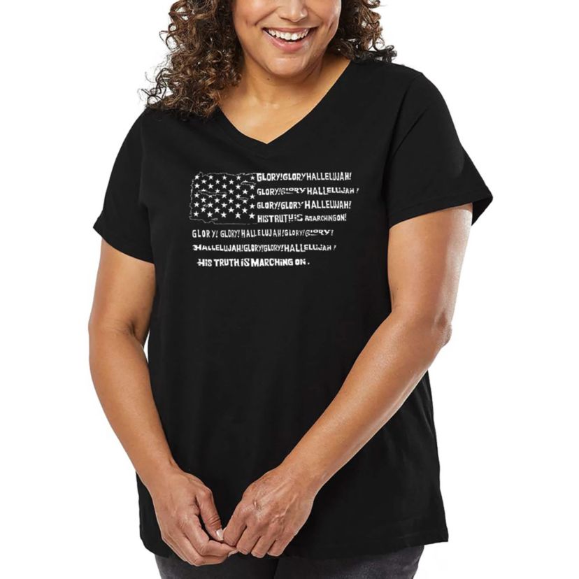 Womens Plus Size Word Art V-Neck - Glory Hallelujah Flag